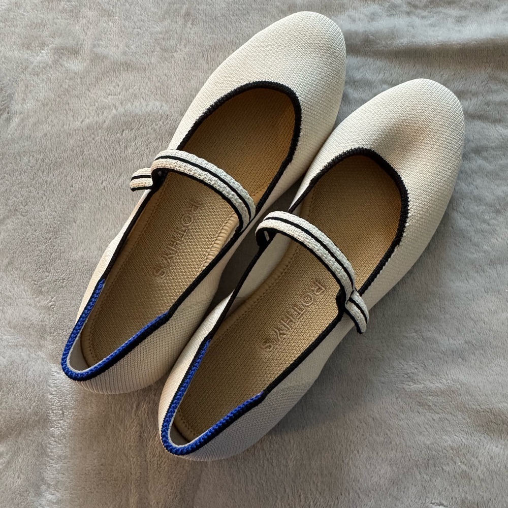 Rothy's Cream and Blue Mary Jane Flats